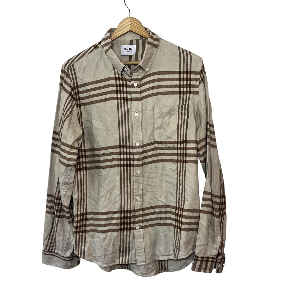 NN07 No Nationality Shirt Mens Medium Tan Plaid Sixten Button Down Long Sleeve
